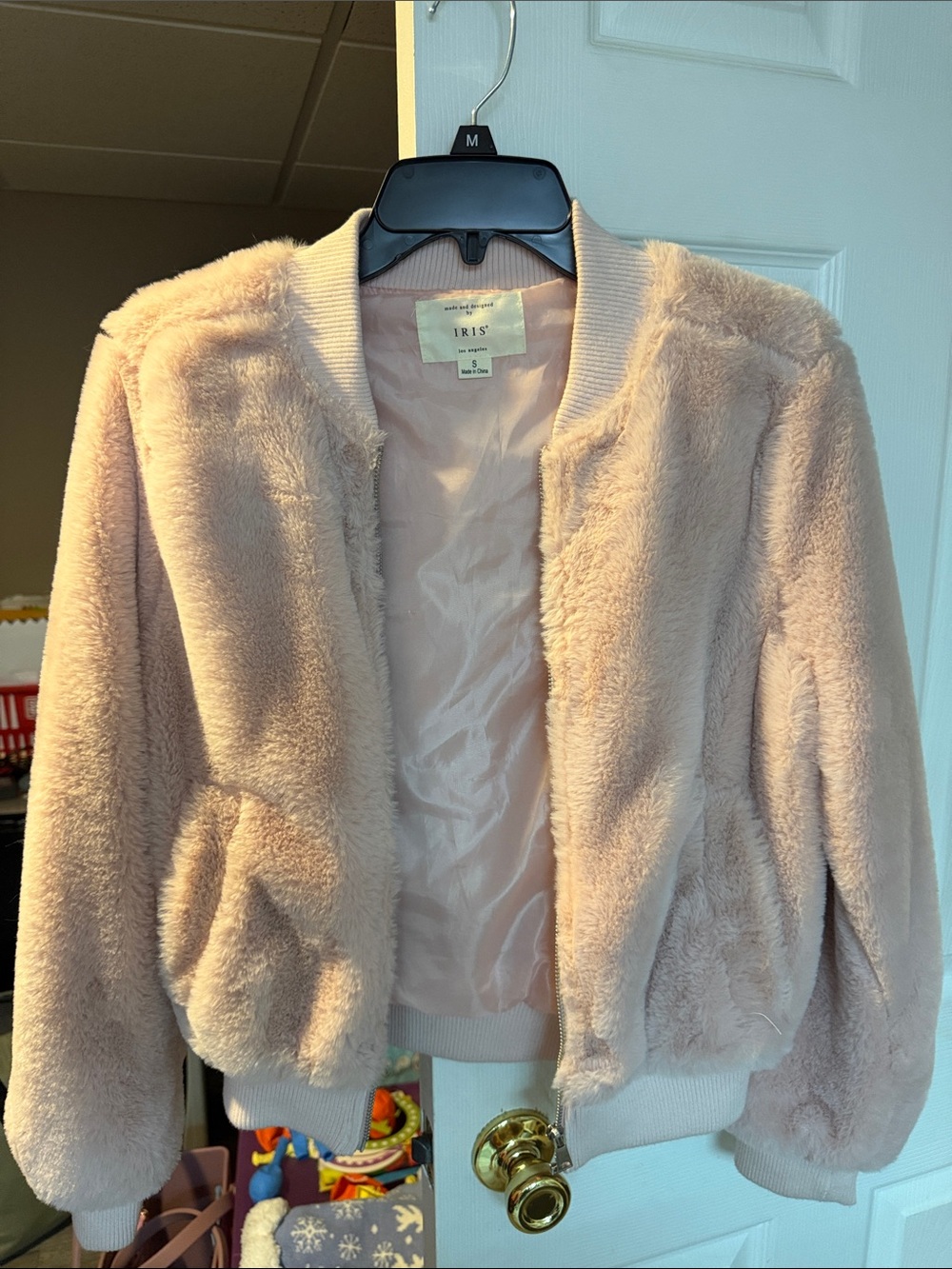 iris Plush Faux-Fur Bomber Jacket in Blush